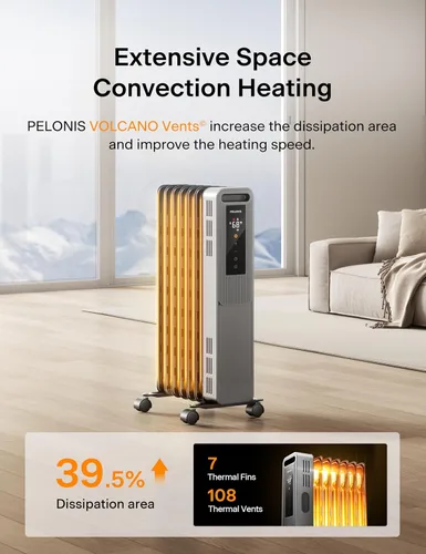 Vista 2 de PELONIS Radiador lleno de aceite, calentador de espacio eléctrico para uso en interiores en habitaciones grandes con termostato y control remoto, 3