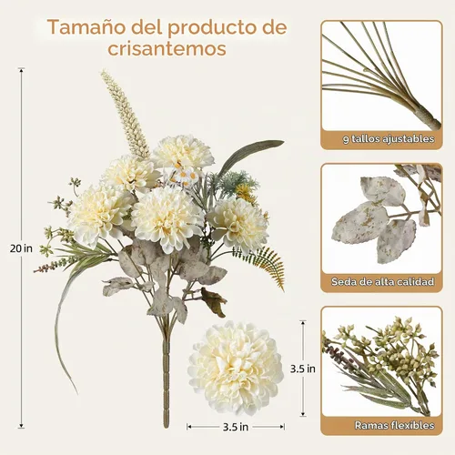 Vista 2 de 10 cabezas de flores artificiales para mamás, para jarrón, crisantemo grande de seda sintética con tallos, ramo falso para decoración del hogar Beige