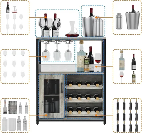 Vista 5 de Amyove Armario para bar de vinos con estante de vino desmontable, estante de bar con soporte para vidrio, aparador pequeño y gabinete de buffet