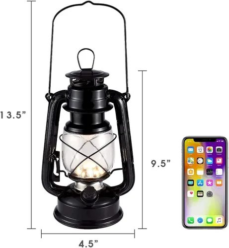 Vista 6 de Linterna vintage LED para huracanes, luz blanca cálida operada con batería, metal antiguo colgante con regulador de intensidad, 15 LEDs, 150 lúmenes