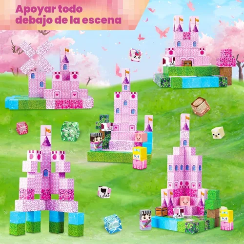 Vista 3 de Bloques magnéticos – 100 bloques de construcción magnéticos de castillo de princesa rosa, cubos magnéticos 3D para niñas, juguete de construcción