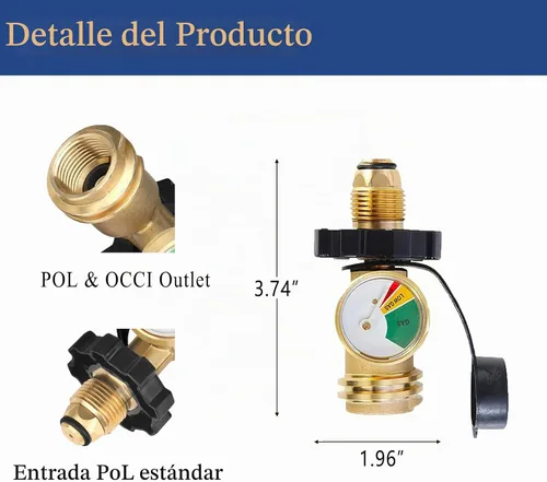 Vista 2 de Adaptador de tanque de propano de 100 libras con medidor de propano, ajuste universal POL, convierte POL a QCC1, latón macizo
