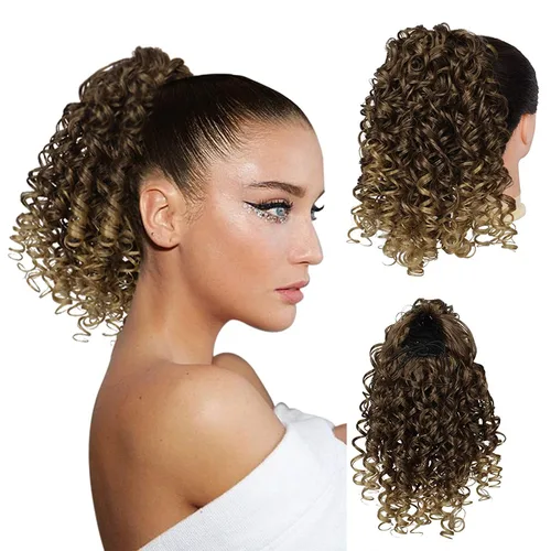 Vista 24 de PEACOCO Extensión de cola de caballo rizada con cordón para mujeres negras - Cola de caballo de 6 pulgadas con clip, postizo sintético de afro corto