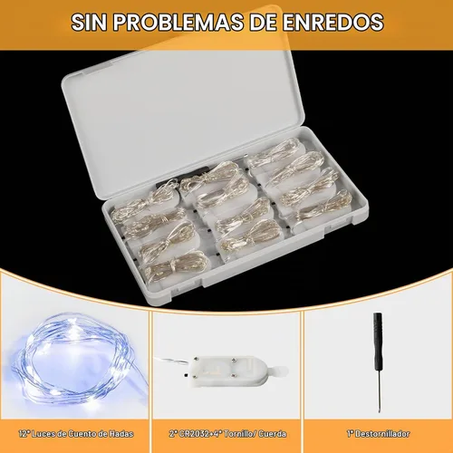 Vista 6 de Paquete de 12 luces de hadas que funcionan con pilas, 7 pies, 20 luces LED de alambre plateado