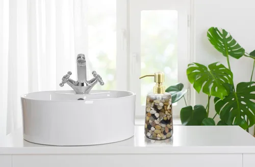 Vista 8 de Dispensador de jabón recargable hecho a mano para baño y cocina, dispensador de jabón de piedra Rocks con bomba de acero inoxidable dorado