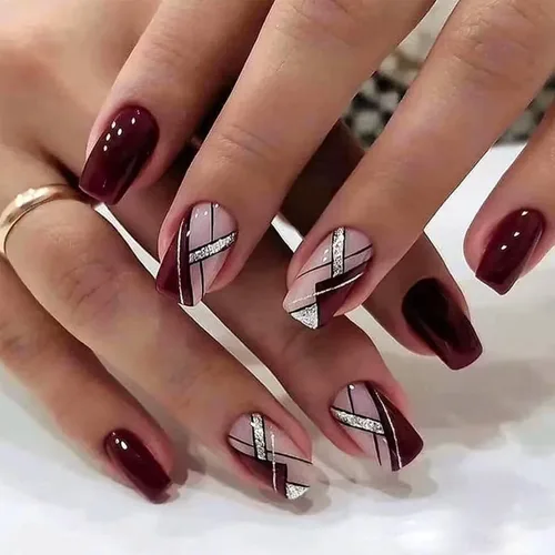 Vista 12 de Uñas postizas verdes a presión - Uñas falsas cortas cuadradas con purpurina dorada y diseños de remolino, acabado brillante, uñas postizas acrílicas