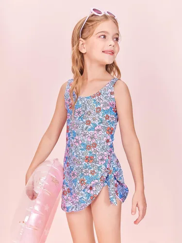 Vista 3 de Conjunto de traje de baño tankini para niñas, de dos piezas, estampado y parte inferior de bikini de 5 a 14 años