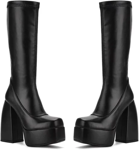 Vista 2 de Botas altas hasta la rodilla para mujer, tacón alto, punta redonda, cremallera lateral, estilo punk, botas de combate para mujer