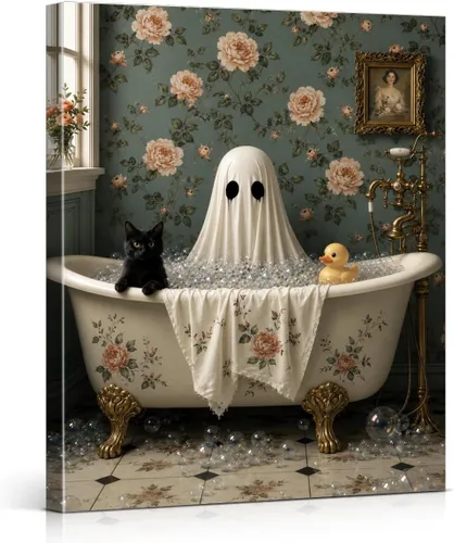 Vista 11 de QPVXSST Arte de Pared Interesante de Fantasma de Halloween para Baño, Póster Impreso en Lienzo de Estilo Gótico, Decoración de Baño con Diseño