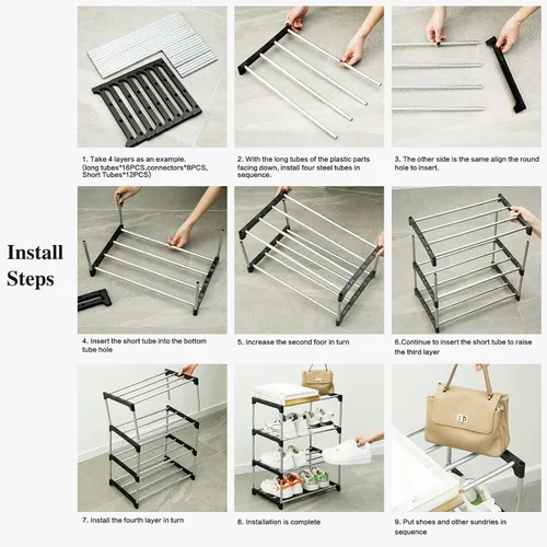 Vista 7 de Zapatero pequeño apilable para armario de 4 niveles, organizador resistente para puerta delantera, entrada y entrada, estante de metal para zapatos