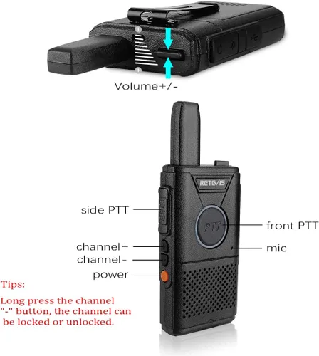 Vista 3 de Retevis Walkie Talkies recargables RT18, radios portátiles FRS bidireccionales, PTT dual, VOX, clip de metal, pequeño mini walkie-talkie