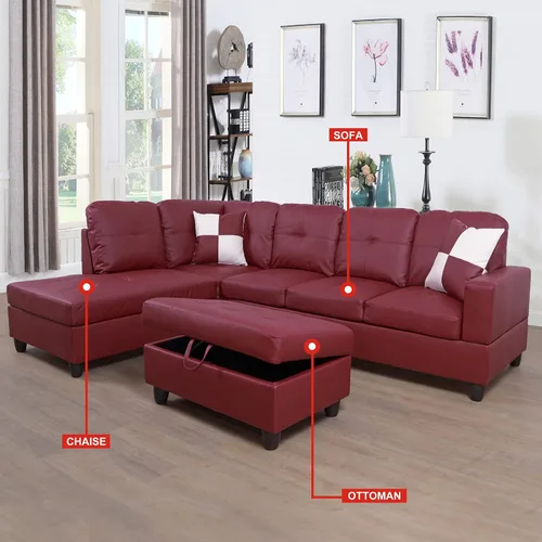 Vista 3 de Moderno sofá seccional de cuero en forma de L (rojo, hacia la izquierda)