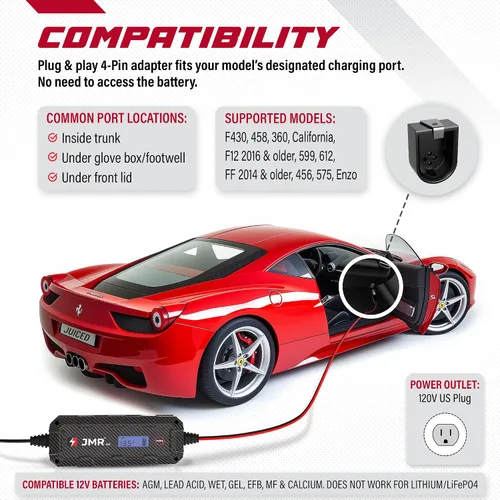 Vista 3 de JMR Cargador de Batería para Ferrari 458 California F12 FF 599 612 F430 Cargador de Goteo Acondicionador Mantenedor