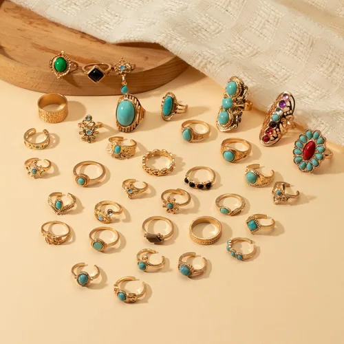 Vista 3 de Juego de 30-36 anillos vintage de cristal turquesa para nudillos dorados para mujer, anillos de articulación apilables bohemios, retro, bohemio