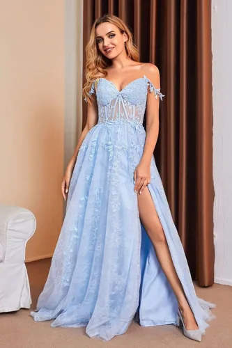 Vista 3 de Vestidos de baile de graduación de tul para mujer, con tirantes delgados, para adolescentes, 2023, con apliques de encaje, abertura formal, vestidos