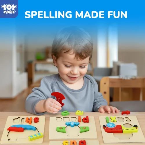 Vista 4 de TOY Life Rompecabezas para niños de 2 a 4 años, 4 vehículos con ortografía de madera para niños pequeños de 3 a 5 años, juguetes Montessori, regalos