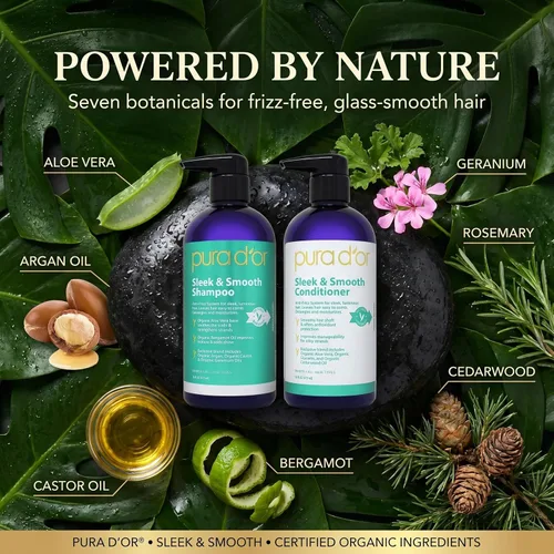 Vista 3 de PURA D'OR Elegante y suave juego de champú y acondicionador para cabello liso sin encrespamiento y sedoso, infundido con aloe vera orgánico, aceite