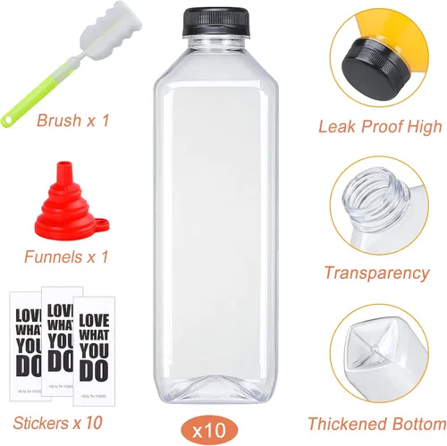 Vista 2 de Fhxtcygj 10 botellas de plástico de 33 onzas con tapas, contenedor de jugo con tapas, botellas de plástico vacías reutilizables transparentes a