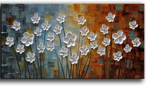 Vista 10 de YaSheng Art - Pintura al óleo de arte contemporánea hecha a mano de flores blancas en lienzo con textura 3D, pinturas de árbol abstractas
