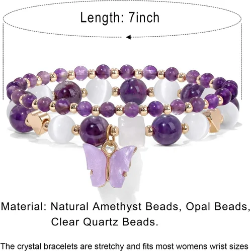 Vista 7 de GolbalJew Pulsera de amatista para mujer, pulseras de cuentas de amatista para la ansiedad, dijes de mariposa, piedra curativa en capas, regalos