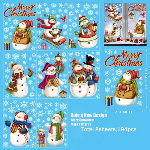 Vista 4 de 194 piezas de calcomanías de ventana de Navidad, copos de nieve y muñeco de nieve para ventanas de vidrio, decoraciones de Navidad para interiores