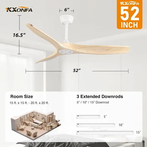 Vista 4 de Ventilador de techo de 52 pulgadas, sin luz, ventiladores de techo de madera para exteriores con control remoto, montaje empotrado, 3 aspas, motor
