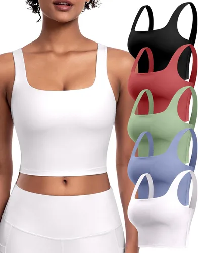 Vista 13 de Sujetadores deportivos para mujer, paquete de 5 unidades, cuello cuadrado, camiseta corta sin mangas acolchada para yoga con almohadillas integradas