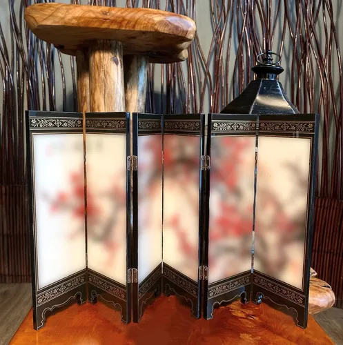 Vista 6 de Mini arte chino tradicional de 6 paneles de 9.5 pulgadas de alto para decoración del hogar, lacado decorativo, decoración del hogar, laca, oriental