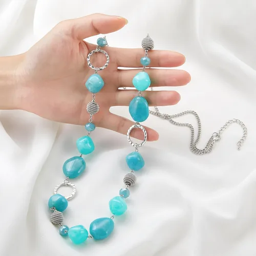 Vista 4 de BULINLIN Collar largo de cuentas para mujer, collar de cadena de suéter plateado con cuentas de resina de cristal, joyería de moda para niñas