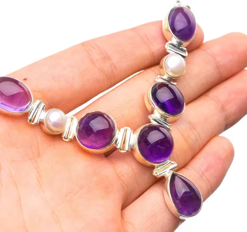Vista 3 de stargemsAmatista y Perla de Río hecho a mano Boho 925Sterlingsilver flor collar 1814