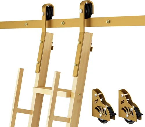 Vista 7 de DIYHD Kit de herramientas de escalera deslizante de 5 pies, sistema de pista rodante con rodillos de suelo de frenado, acabado dorado, escalera