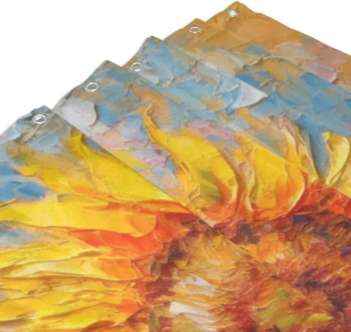 Vista 3 de YLATY2395 - Cortina de ducha de girasol para baño, pintura al óleo, hojas verdes, flores, bohemio, tela amarilla abstracta, moderna, impermeable
