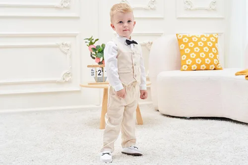 Vista 2 de Conjunto de chaleco de 3 piezas para niños, conjunto de camisa de manga larga y pantalones con corbata