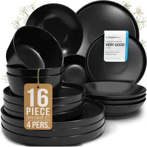 Vista 34 de Juego de vajilla de gres para 4 personas 12 piezas – Juego de platos y cuencos negros mate – Apto para lavavajillas, microondas y resistente a