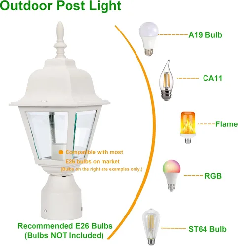 Vista 4 de LIT-PaTH Farol de poste de iluminación al aire libre, base mediana E26 máximo de 60 W, carcasa de aluminio más vidrio transparente, bombilla