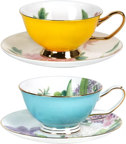 Vista 27 de KAMMAK Juego de 2 tazas de té y platillos, tazas de café de porcelana fina, tazas de café expreso apilables, demitasse de cerámica para café