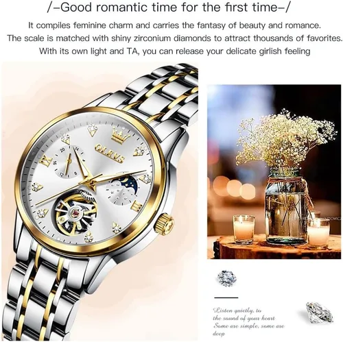 Vista 8 de OLEVS Reloj automático para mujer, de lujo, con cuerda automática, de diamante, de acero inoxidable, de fase lunar, impermeable, esfera azul luminosa