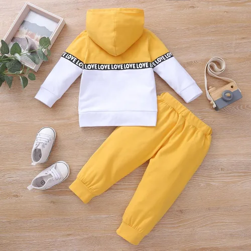 Vista 2 de PATPAT Conjunto de ropa para niños y niñas sudadera con capucha con estampado de letras de amor conjunto de bloque de color conjunto de traje de bebé