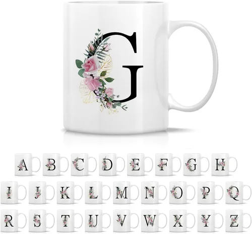 Vista 19 de Retreez Ramo botánico floral inicial A-Z con monograma, taza con monograma de cerámica de 11 onzas, regalo de agradecimiento de agradecimiento