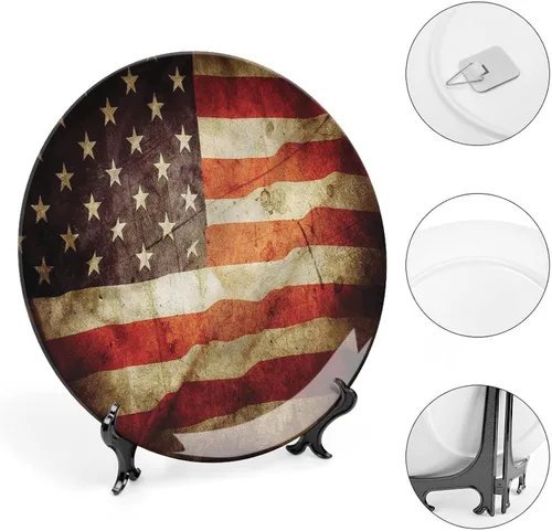 Vista 4 de Platos decorativos, adorno estampado de bandera estadounidense, aspecto patriótico, grunge, 6 pulgadas, decoración de pared de cocina, multicolor