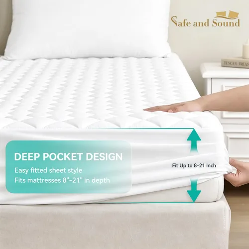 Vista 3 de Funda de colchón acolchada tamaño matrimonial, protector de colchón impermeable, bolsillo profundo elástico que se adapta a hasta 21 pulgadas