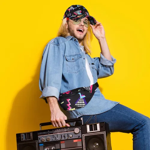 Vista 5 de Sotiff Trajes retro de 2 piezas de los años 80 y 90 para mujeres y hombres, riñonera y sombrero de los años 80, disfraces de los años 90, cintura
