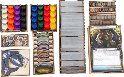 Vista 5 de Organizador de juegos de madera compatible con Cosmic Encounter – 9 bandejas extraíbles para tarjetas, barcos, planetas y fichas, kit de abedul