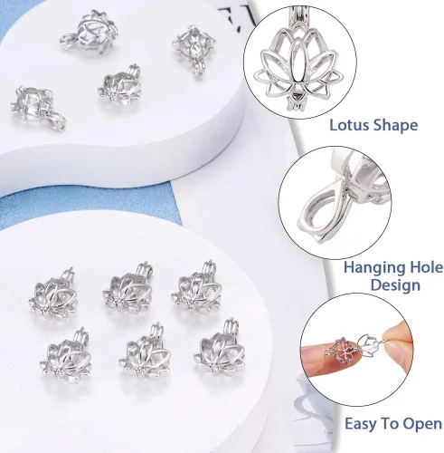 Vista 6 de FASHEWELRY 20 colgantes de plata antigua con cuentas de flor de loto de 0.787 x 0.551 in para aromaterapia, difusor de aceites esenciales, colgante