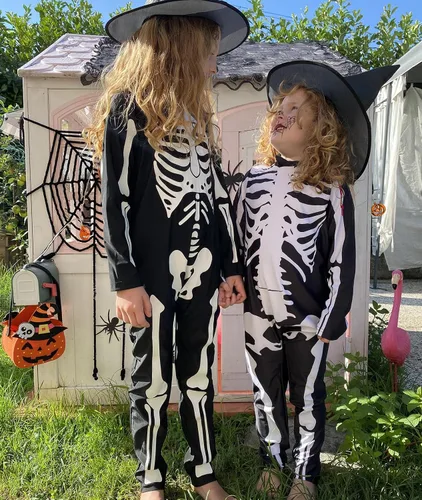 Vista 5 de RAISEVERN Body de esqueleto para niños, overol de huesos zombi de Halloween, disfraz divertido de calavera aterradora (5-14T)