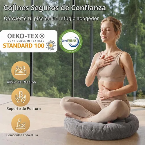 Vista 2 de Degrees of Comfort - Cojines redondos y grandes de pana y capitoné para el suelo, meditación y sala tatami, para adultos, gris, 22 pulgadas Redondo
