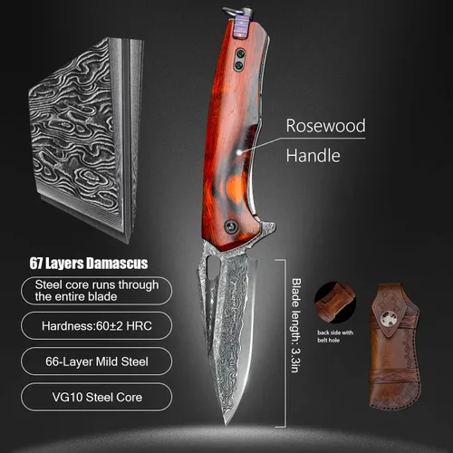 Vista 6 de Cuchillo plegable EDC multifuncional de acero de Damasco con clip de bolsillo autoensamblable, cierre de revestimiento, funda de cuero, cuchillo