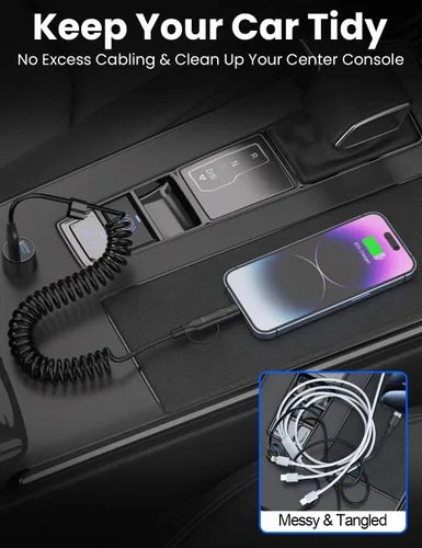 Vista 3 de Cable USB-C y Lightning en espiral 2 en 1, cable de carga para iPhone 17 16 de 3 pies, cable de carga rápida de 60 W para iPhone 15, Samsung Galaxy