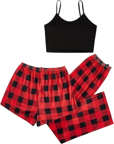 Vista 2 de Verdusa Conjunto de pijama a cuadros de 3 piezas para mujer