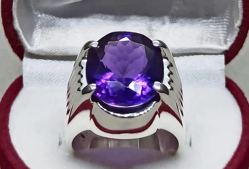 Vista 4 de Oval Cut 12 Carat Deep Purple Amethyst Mens Plain Ring Sterling Silver 925 Handmade Amethyst Ring Gift for Him